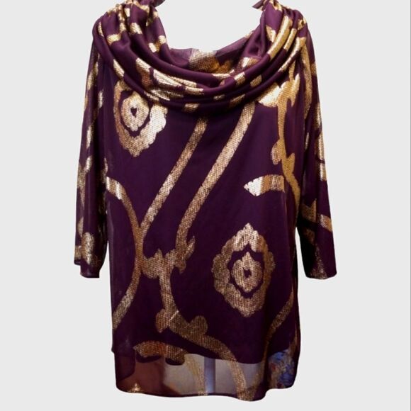 MSK Tops - MSK Women Cowl Neck 3/4 Sleeves Purple With Gold Blouse 1X